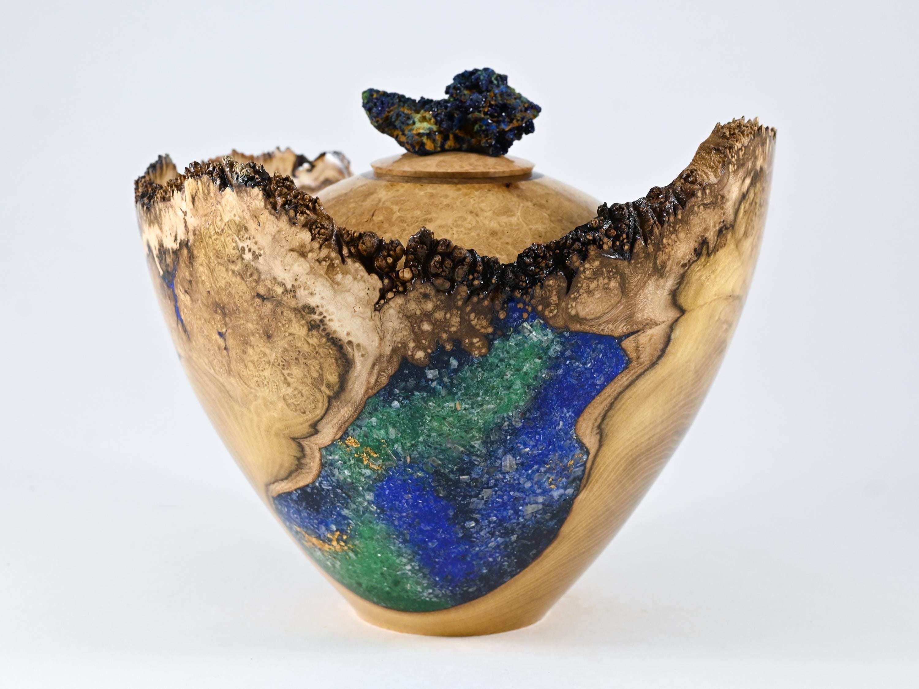 Handmade Black Locust Burl Urn: Mineral Inlay, Azurite Malachite Lid
