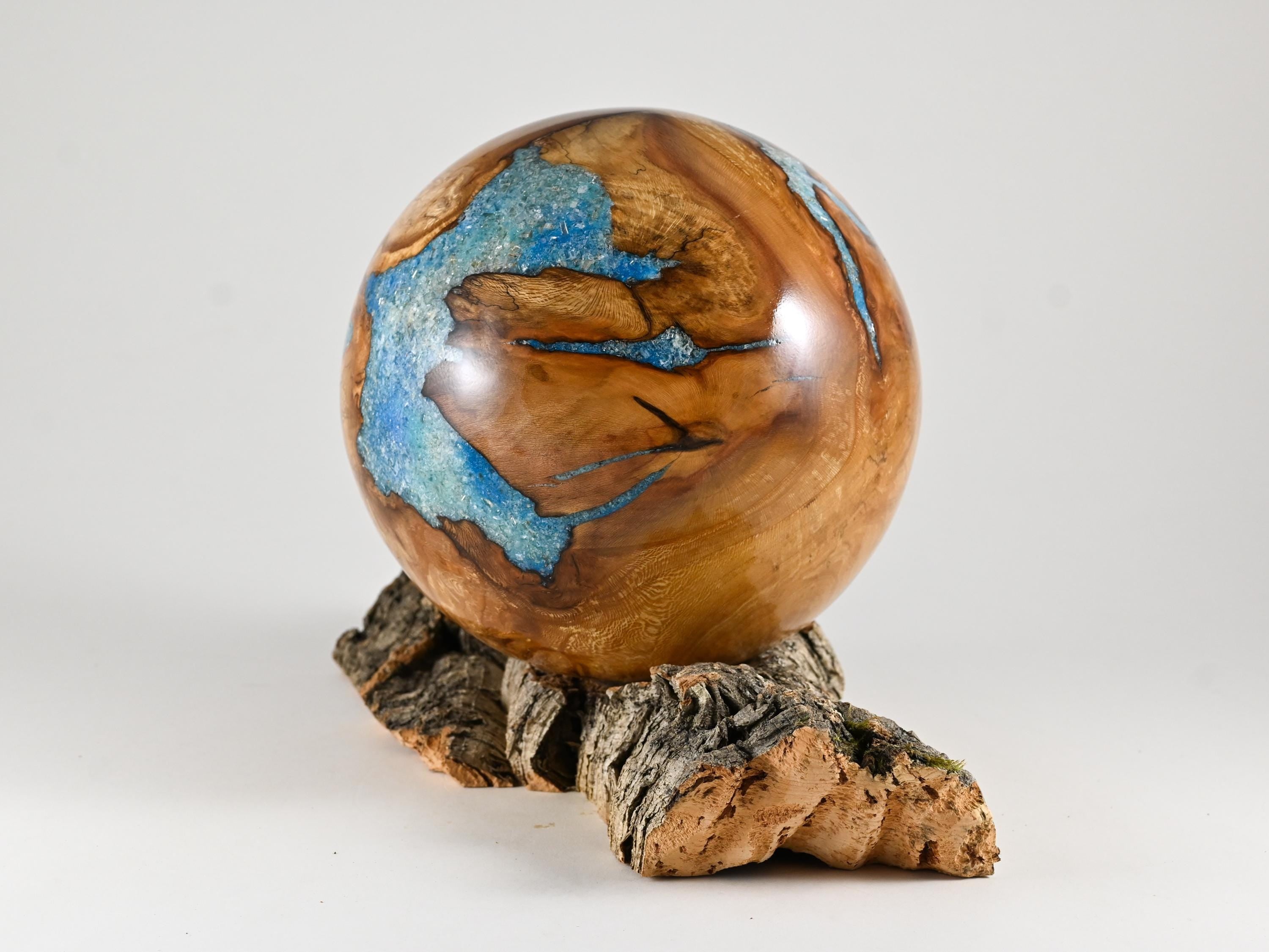 Handmade Siccamore Wood Urn with Blue Mineral Inlay on Cork stand