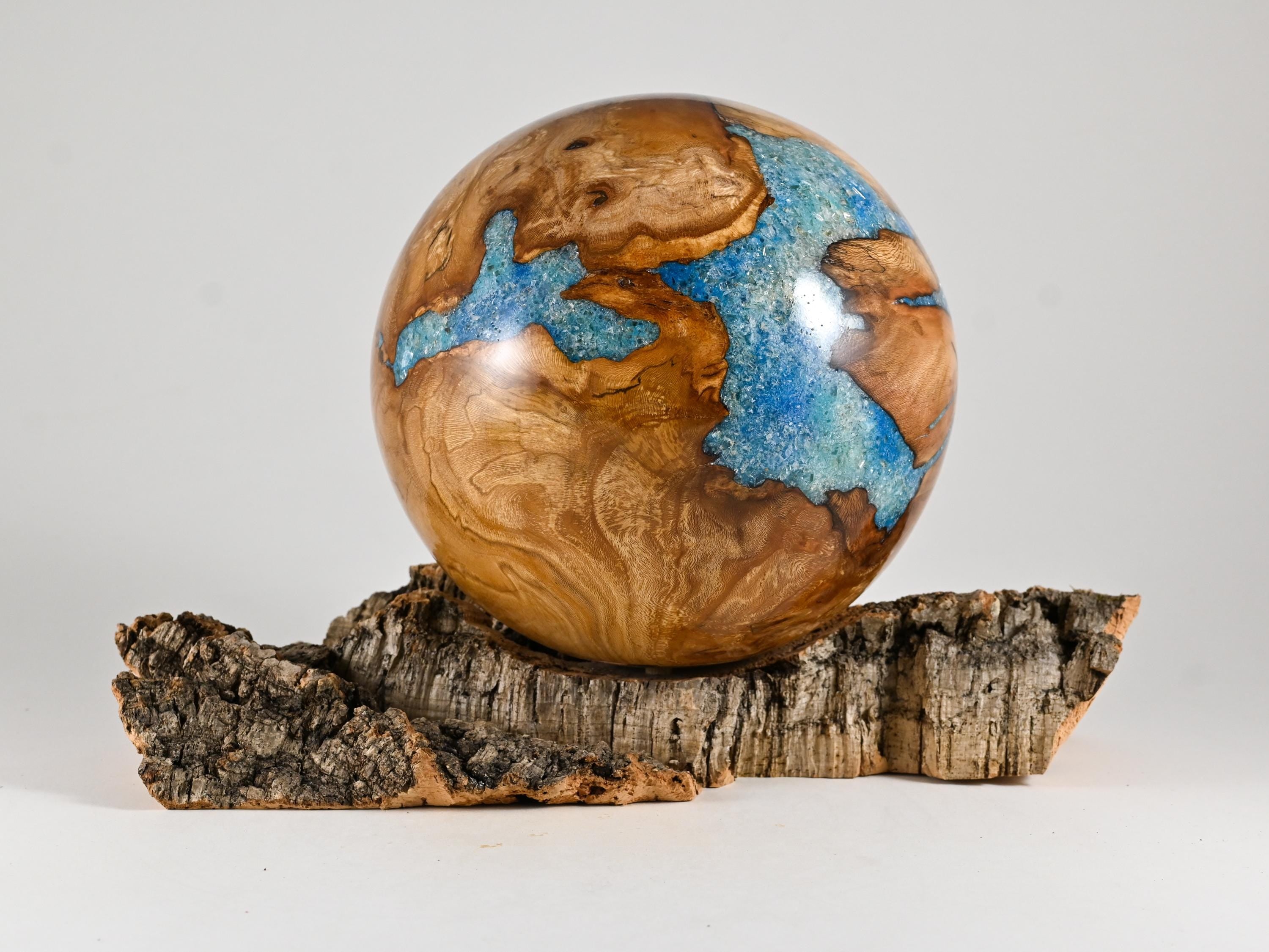 Handmade Siccamore Wood Urn with Blue Mineral Inlay on Cork stand