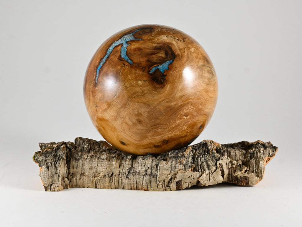 Handmade Siccamore Wood Urn with Blue Mineral Inlay on Cork stand