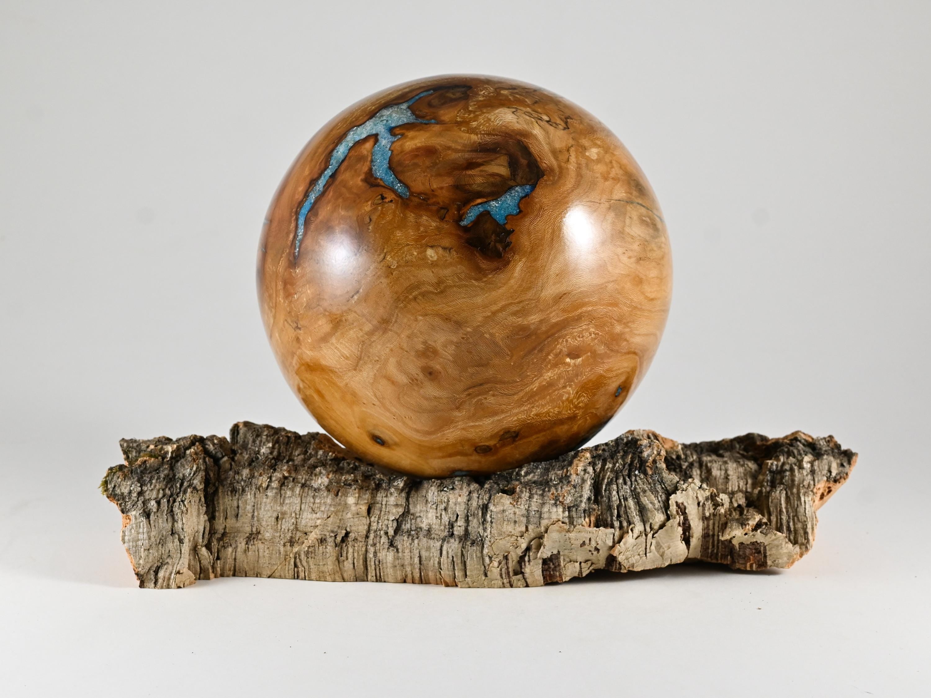 Handmade Siccamore Wood Urn with Blue Mineral Inlay on Cork stand