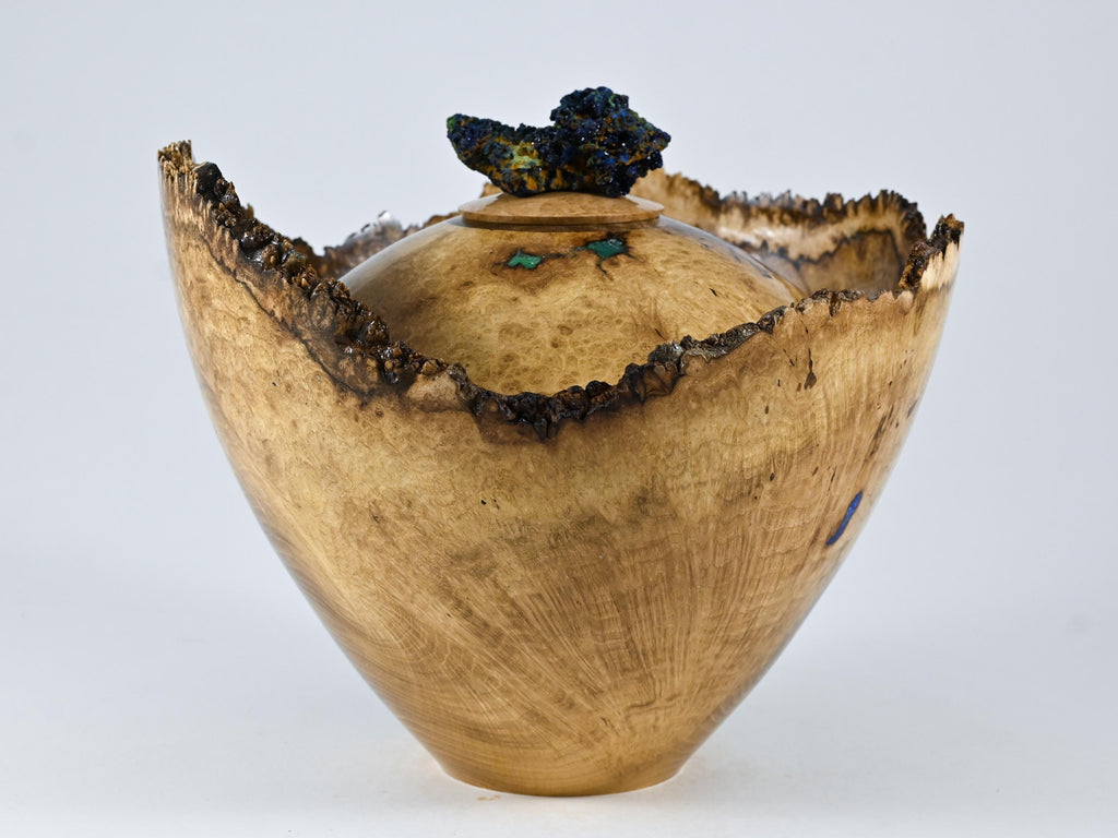 Handmade Black Locust Burl Urn: Mineral Inlay, Azurite Malachite Lid