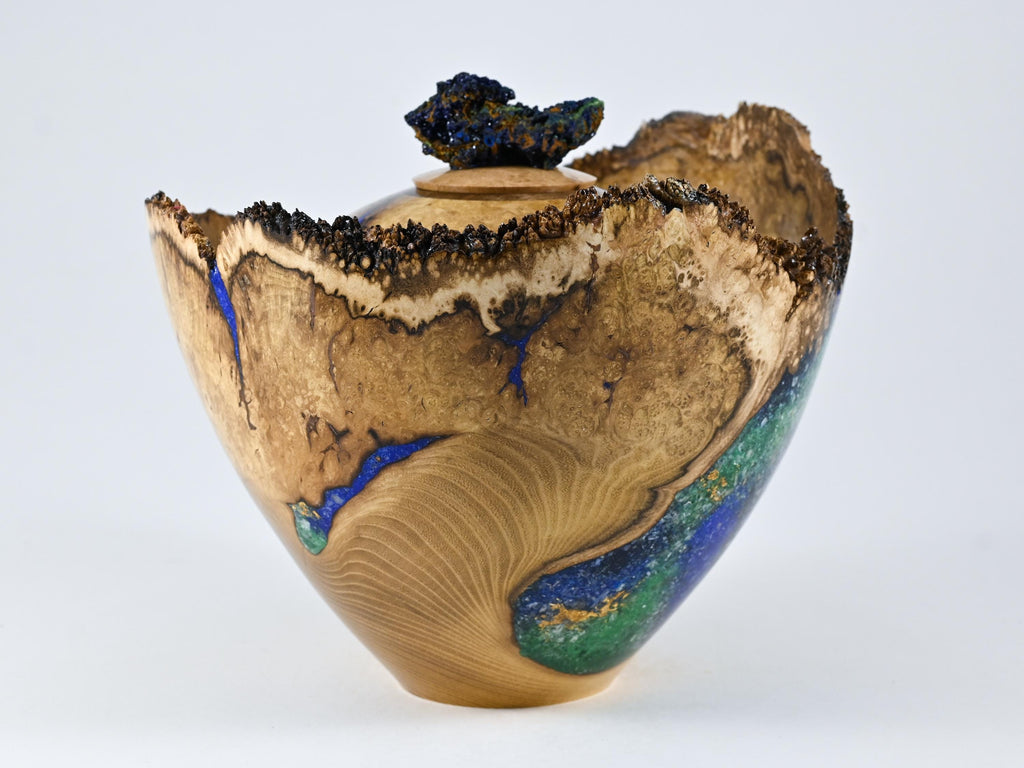 Handmade Black Locust Burl Urn: Mineral Inlay, Azurite Malachite Lid