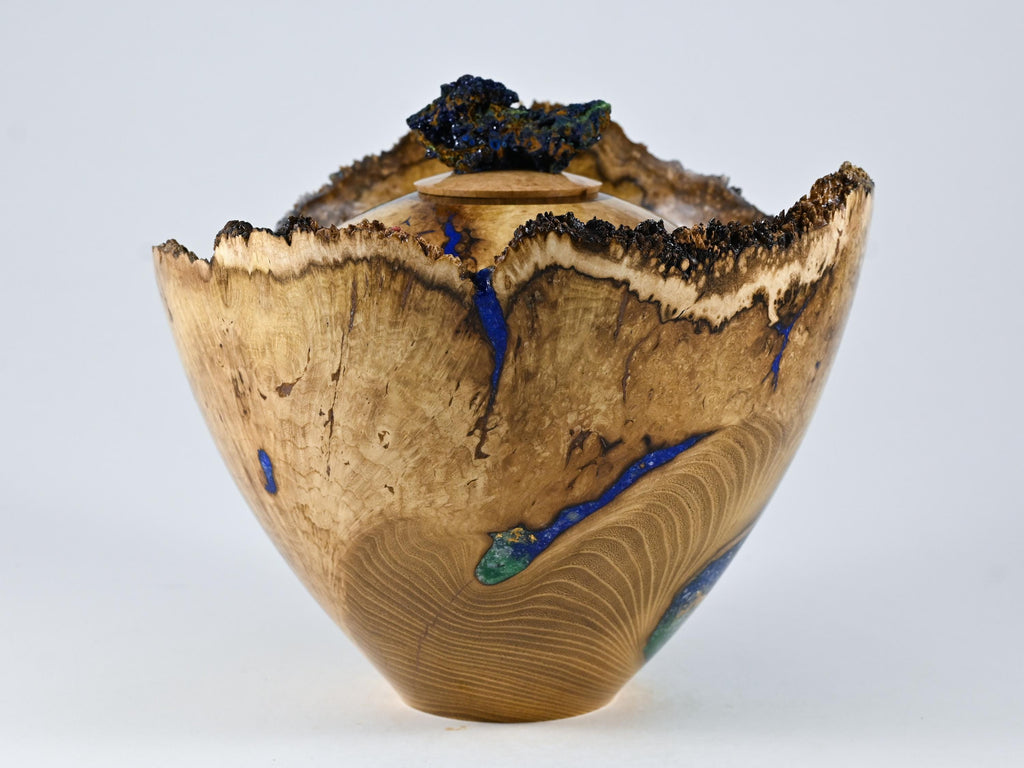 Handmade Black Locust Burl Urn: Mineral Inlay, Azurite Malachite Lid