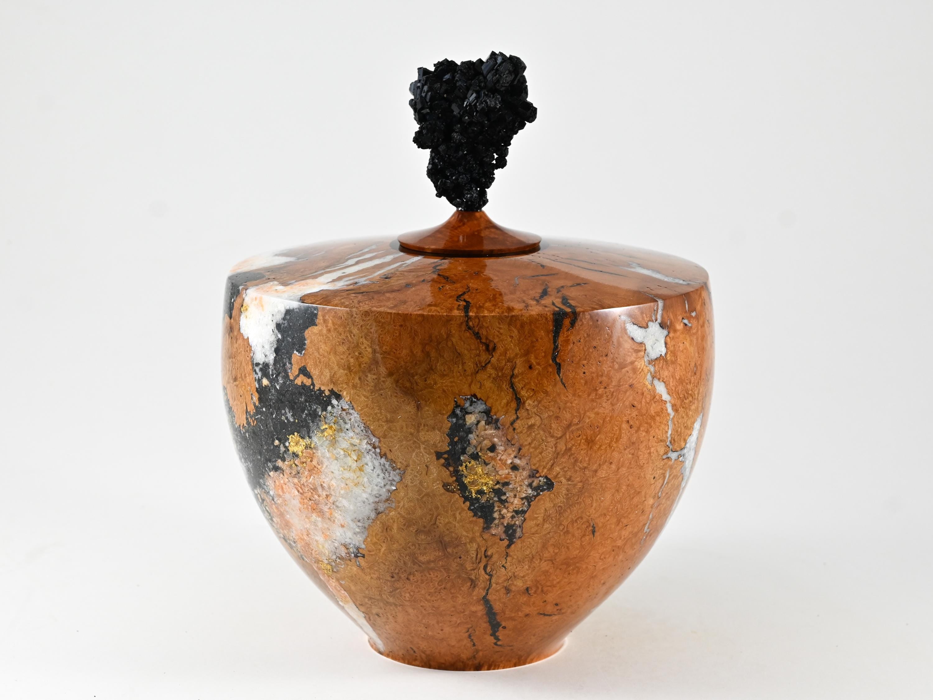 Handmade Briar Burl Wood Urn, Mineral Inlay, Scolesite Lid (230 c.i.)