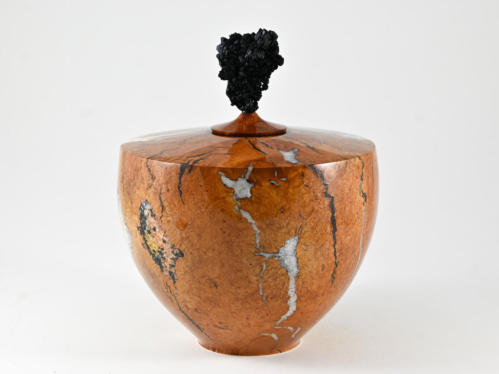 Handmade Briar Burl Wood Urn, Mineral Inlay, Scolesite Lid (230 c.i.)