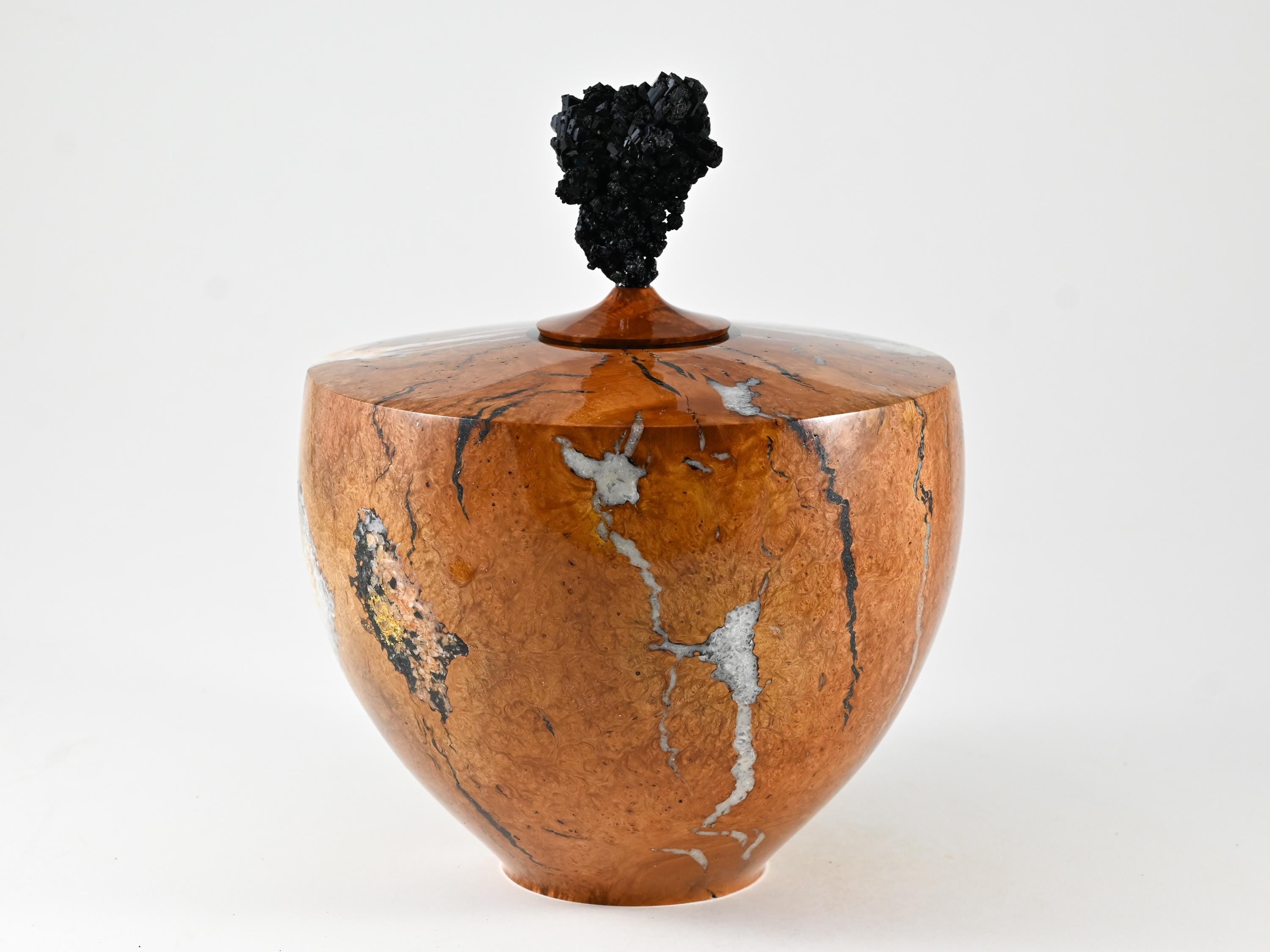 Handmade Briar Burl Wood Urn, Mineral Inlay, Scolesite Lid (230 c.i.)