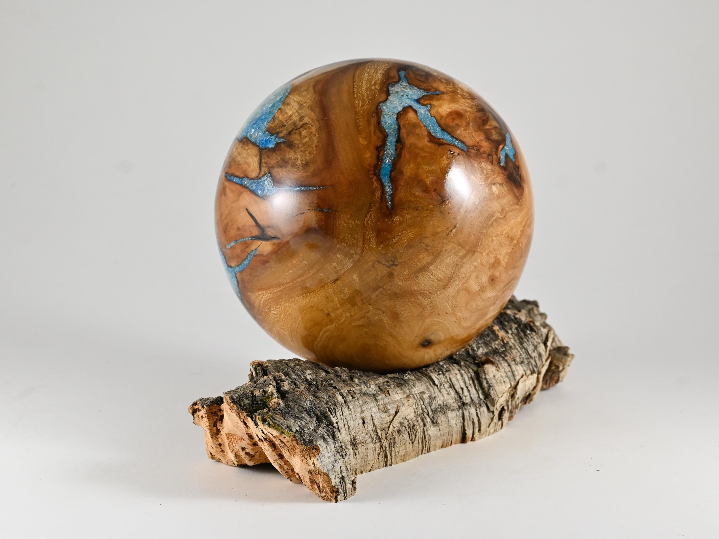 Handmade Siccamore Wood Urn with Blue Mineral Inlay on Cork stand