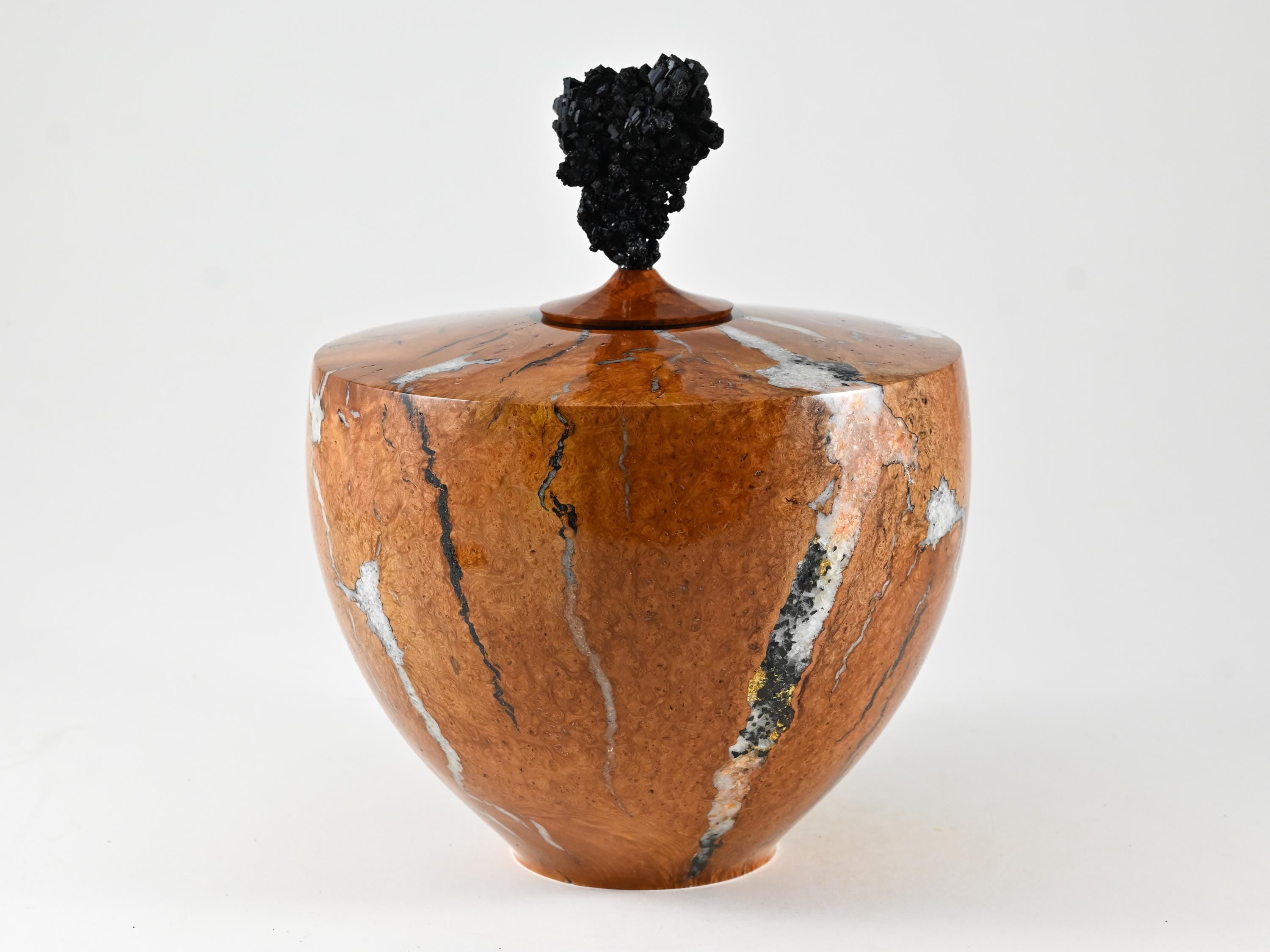 Handmade Briar Burl Wood Urn, Mineral Inlay, Scolesite Lid (230 c.i.)