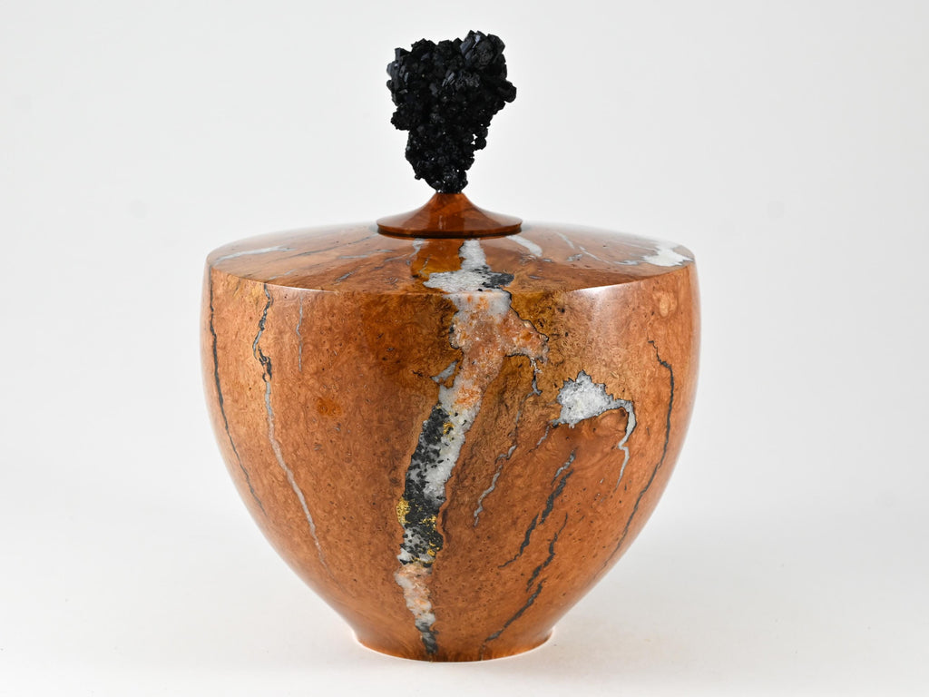 Handmade Briar Burl Wood Urn, Mineral Inlay, Scolesite Lid (230 c.i.)