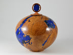 XL Handmade Briar Burl Wood Urn: Blue Mineral & gold Inlay, Azurite lid (330 c.i.)