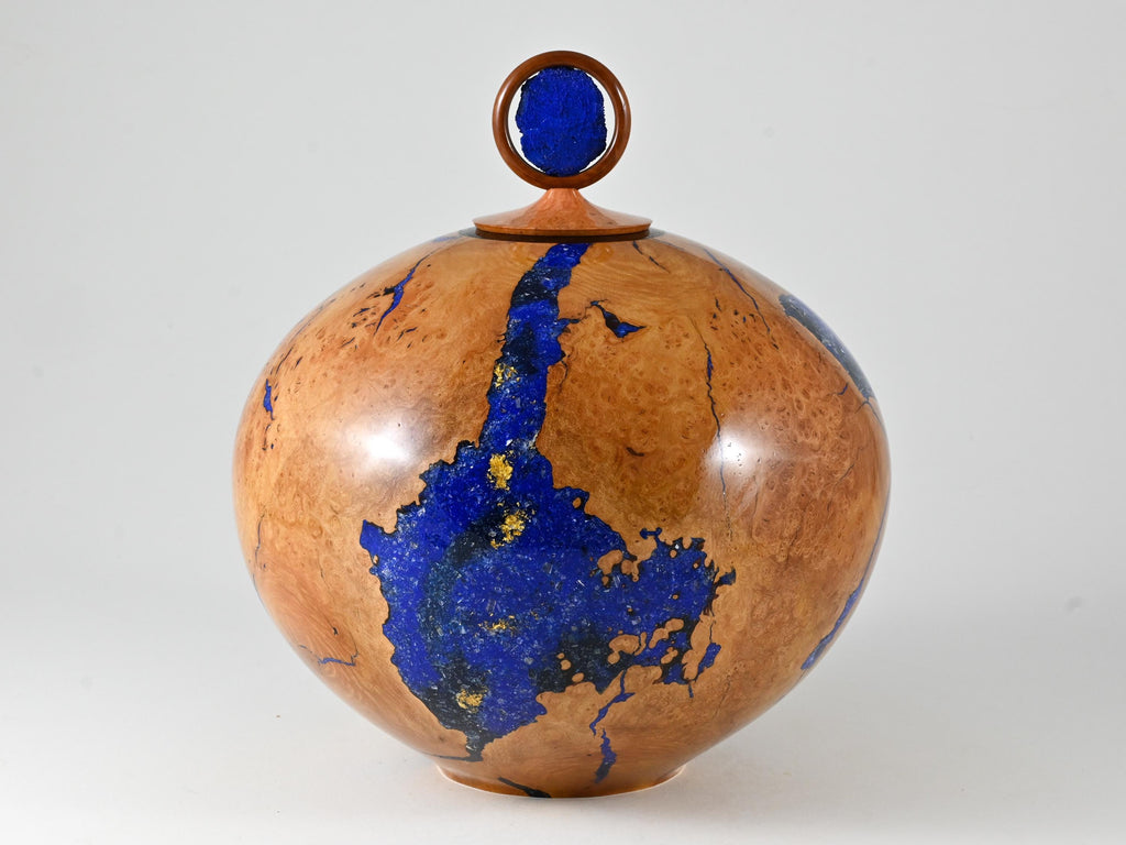 XL Handmade Briar Burl Wood Urn: Blue Mineral & gold Inlay, Azurite lid (330 c.i.)