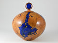 XL Handmade Briar Burl Wood Urn: Blue Mineral & gold Inlay, Azurite lid (330 c.i.)