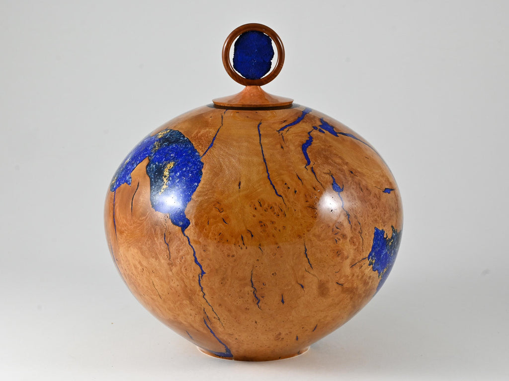 XL Handmade Briar Burl Wood Urn: Blue Mineral & gold Inlay, Azurite lid (330 c.i.)