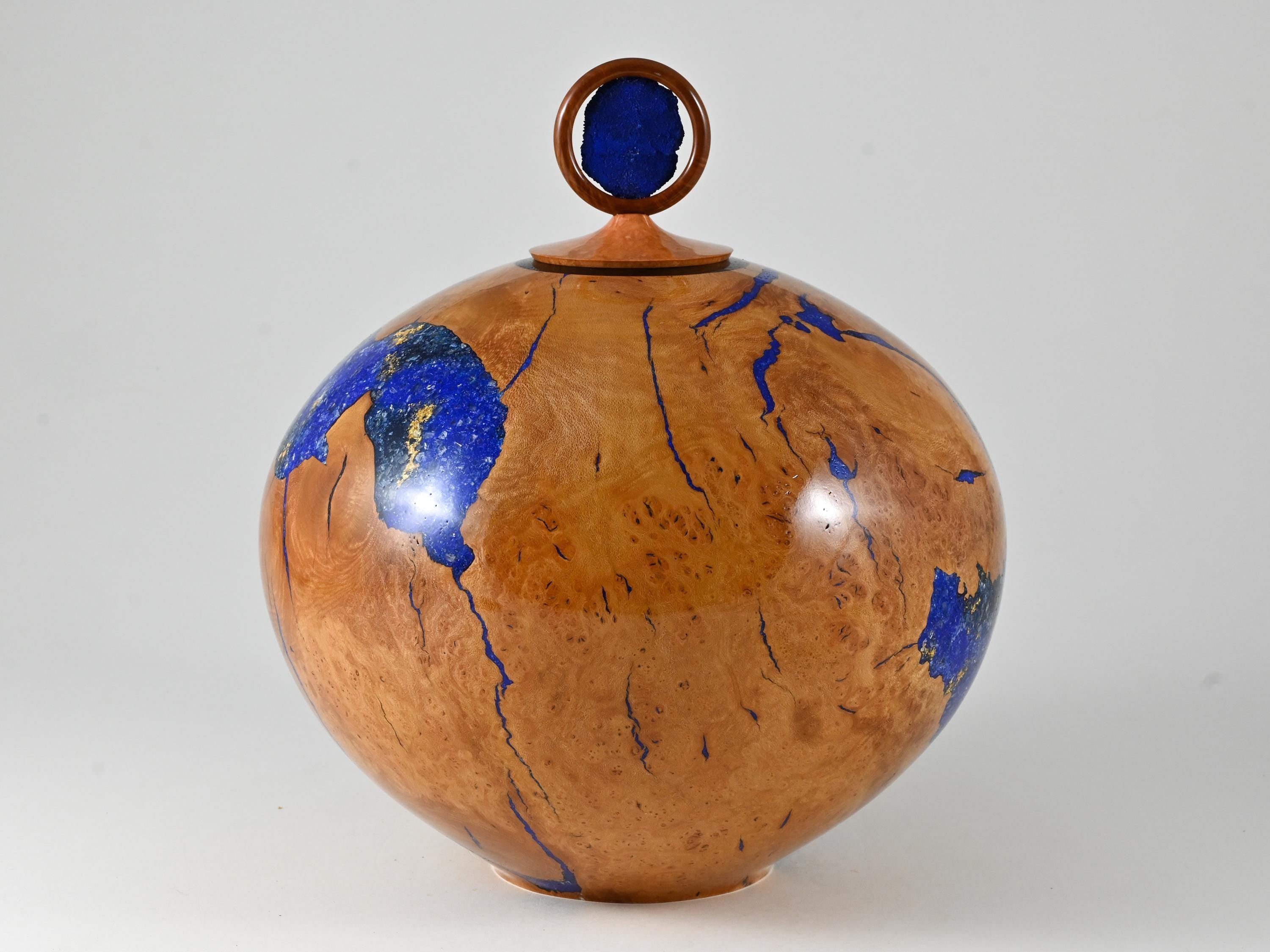 XL Handmade Briar Burl Wood Urn: Blue Mineral & gold Inlay, Azurite lid (330 c.i.)