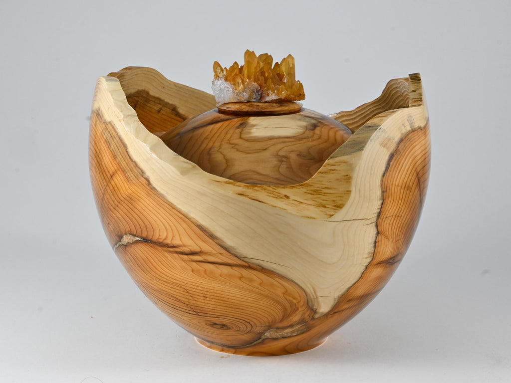 Handmade Yew Wood Urn, Rhinestone cluster lid (230 c.i.)