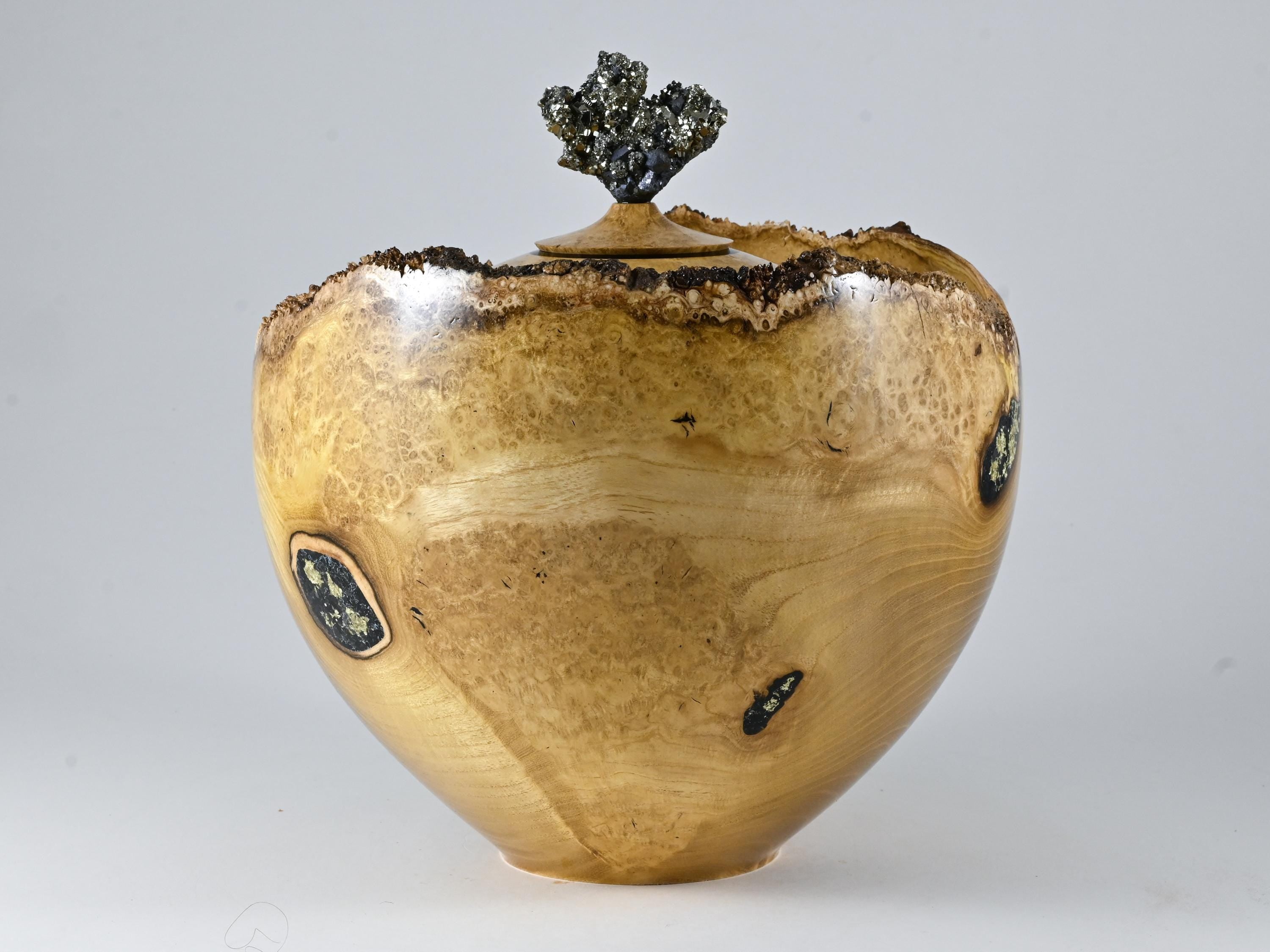 XL Handmade Black Locust Burl Urn: Pyrite lid, Black Minerals & Gold Inlay (330 c.i.)