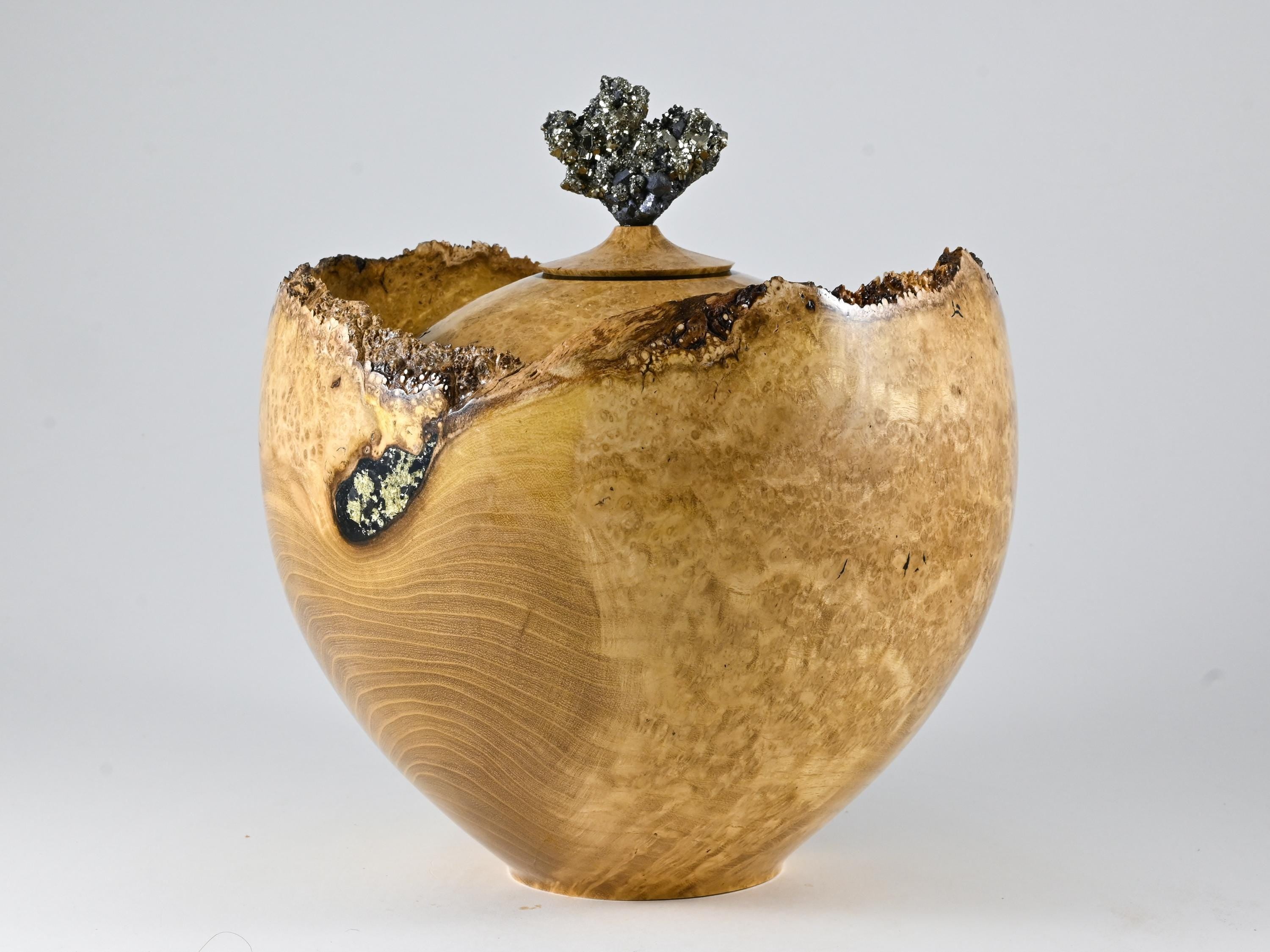 XL Handmade Black Locust Burl Urn: Pyrite lid, Black Minerals & Gold Inlay (330 c.i.)