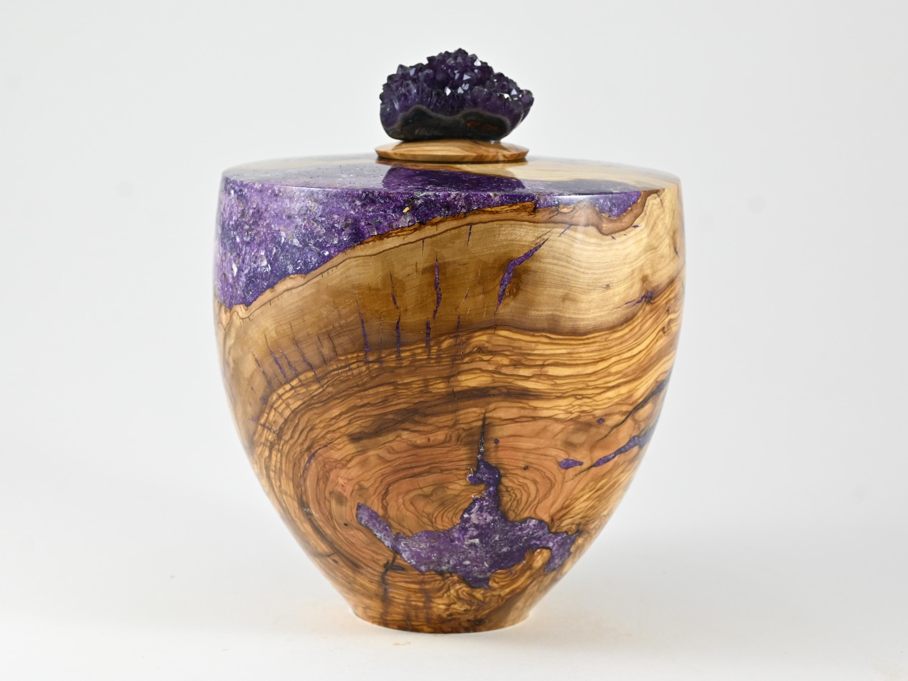 Handmade Olive Wood Urn, Purple Mineral Inlay, Amethyst Lid (210 c.i.)