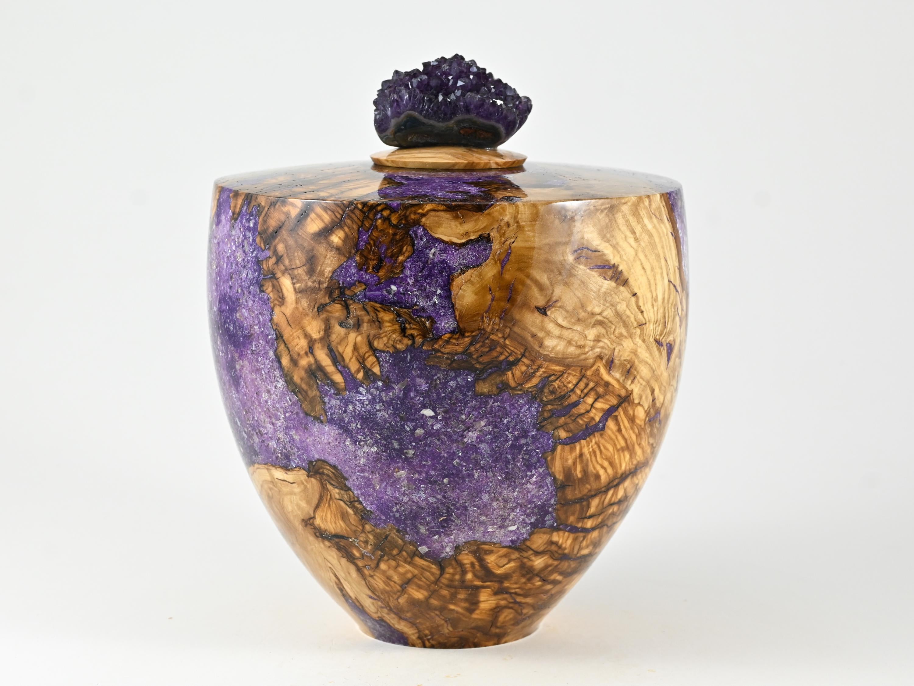 Handmade Olive Wood Urn, Purple Mineral Inlay, Amethyst Lid (210 c.i.)