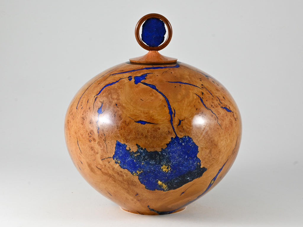 XL Handmade Briar Burl Wood Urn: Blue Mineral & gold Inlay, Azurite lid (330 c.i.)