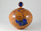 XL Handmade Briar Burl Wood Urn: Blue Mineral & gold Inlay, Azurite lid (330 c.i.)