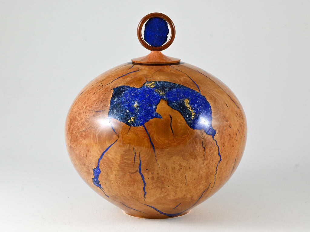 XL Handmade Briar Burl Wood Urn: Blue Mineral & gold Inlay, Azurite lid (330 c.i.)