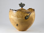 XL Handmade Black Locust Burl Urn: Pyrite lid, Black Minerals & Gold Inlay (330 c.i.)