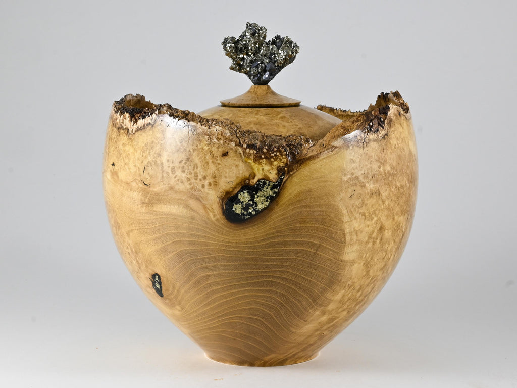 XL Handmade Black Locust Burl Urn: Pyrite lid, Black Minerals & Gold Inlay (330 c.i.)