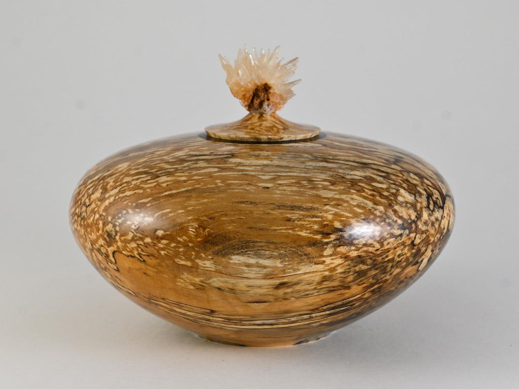 Handmade Spalted Birch Wood Urn, Calcite cluster Lid (140c.i.)