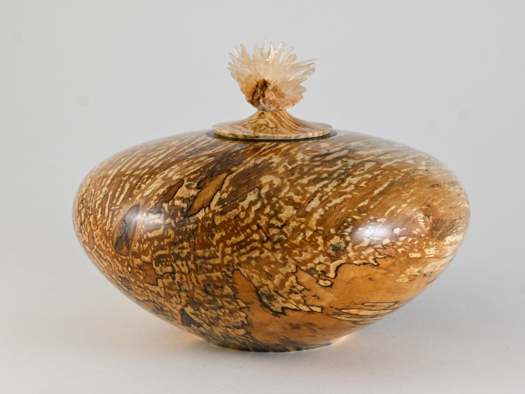 Handmade Spalted Birch Wood Urn, Calcite cluster Lid (140c.i.)
