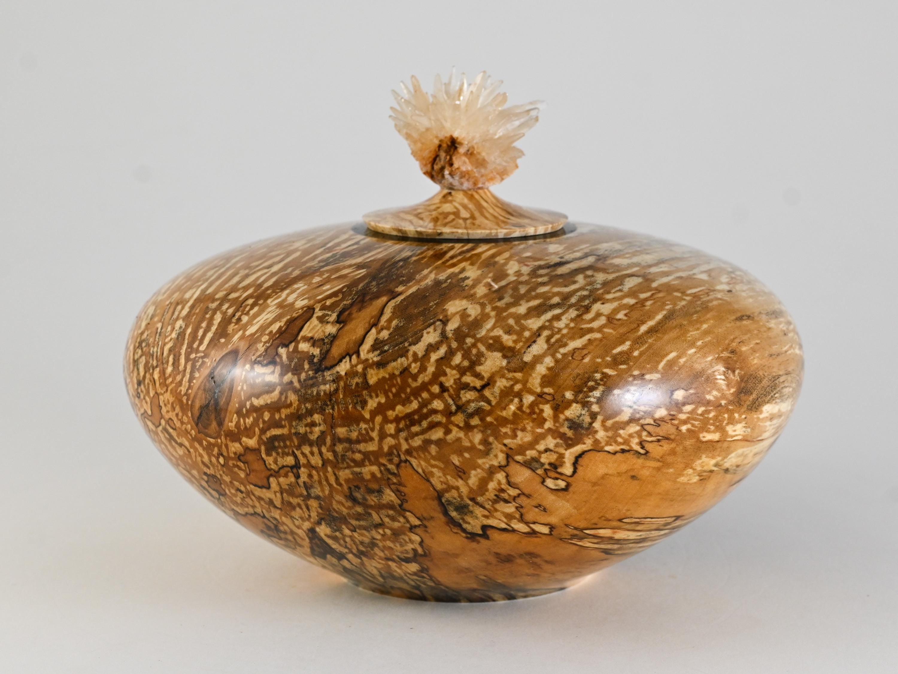 Handmade Spalted Birch Wood Urn, Calcite cluster Lid (140c.i.)