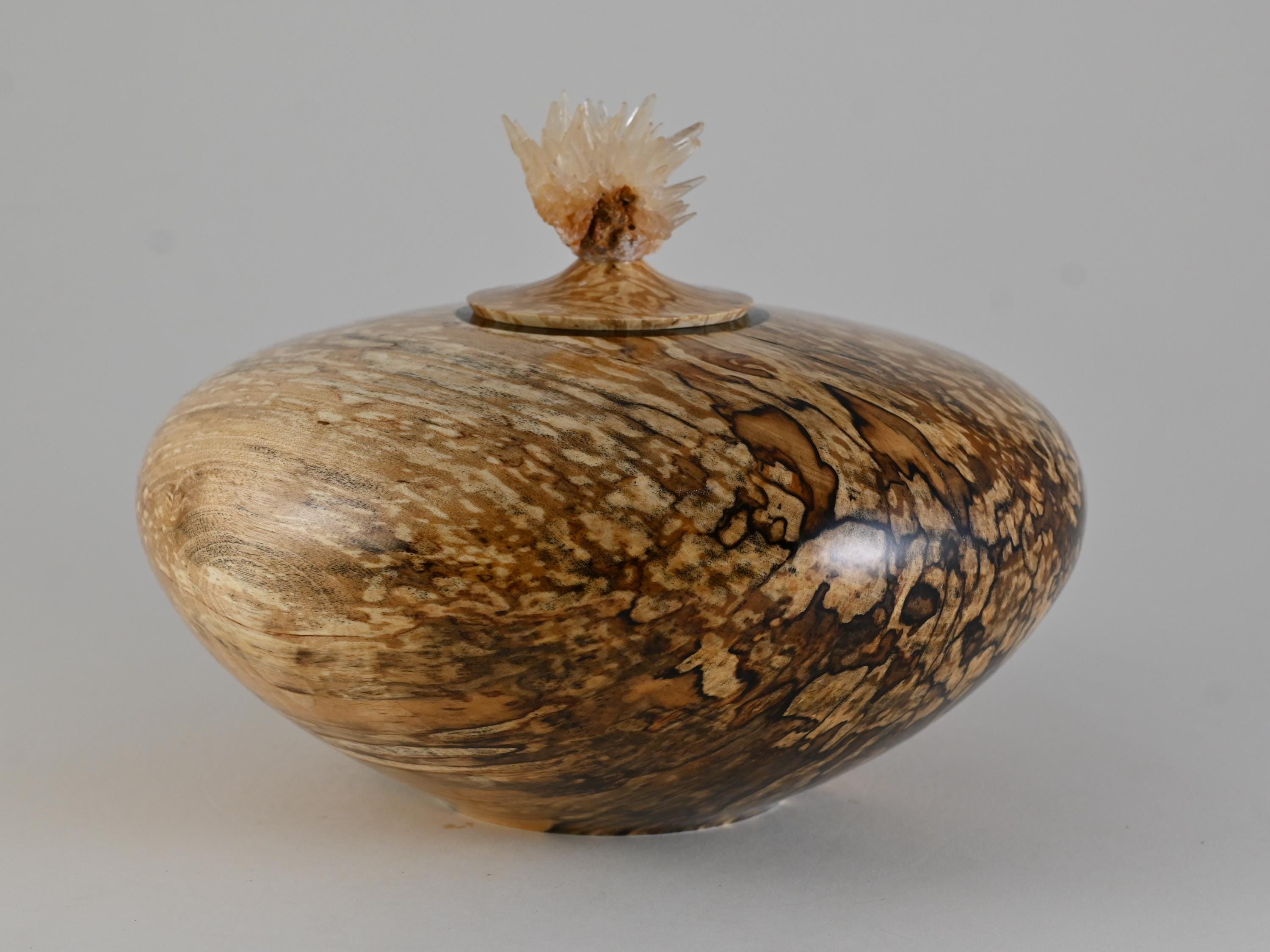 Handmade Spalted Birch Wood Urn, Calcite cluster Lid (140c.i.)