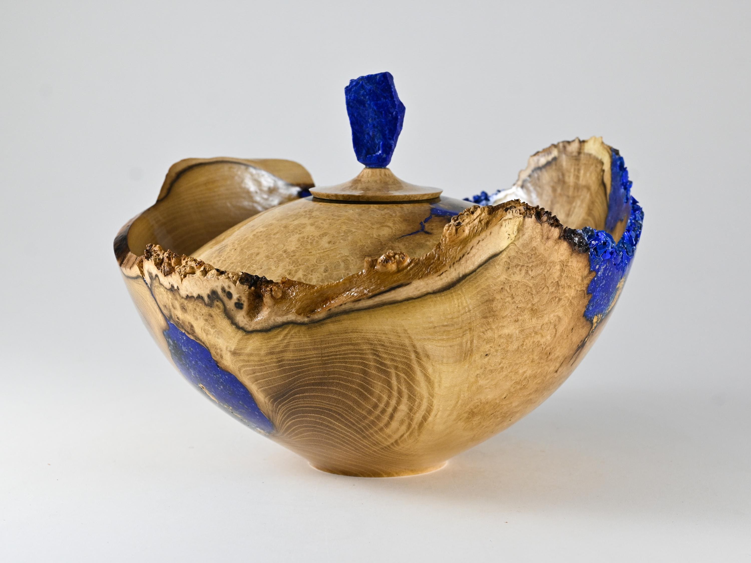 Handmade Black Locust Burl Urn: Lapis Lazuli lid, Blue Minerals & Gold Inlay (150 c.i.)