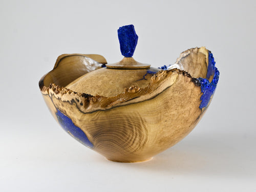 Handmade Black Locust Burl Urn: Lapis Lazuli lid, Blue Minerals & Gold Inlay (150 c.i.)