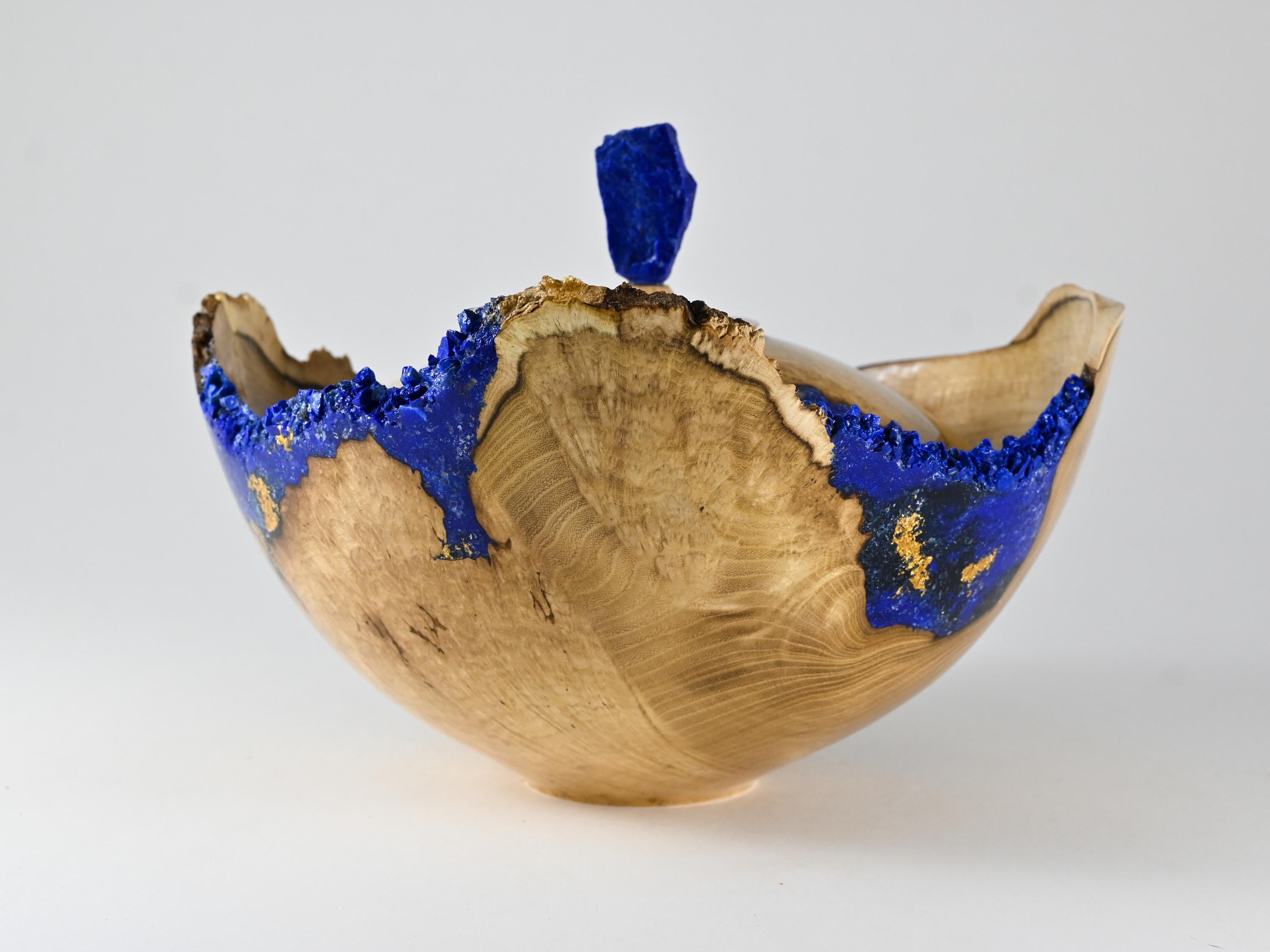 Handmade Black Locust Burl Urn: Lapis Lazuli lid, Blue Minerals & Gold Inlay (150 c.i.)