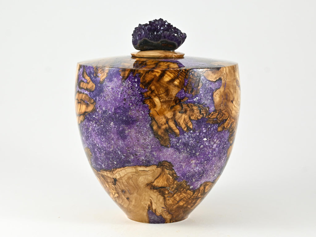 Handmade Olive Wood Urn, Purple Mineral Inlay, Amethyst Lid (210 c.i.)