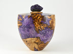 Handmade Olive Wood Urn, Purple Mineral Inlay, Amethyst Lid (210 c.i.)