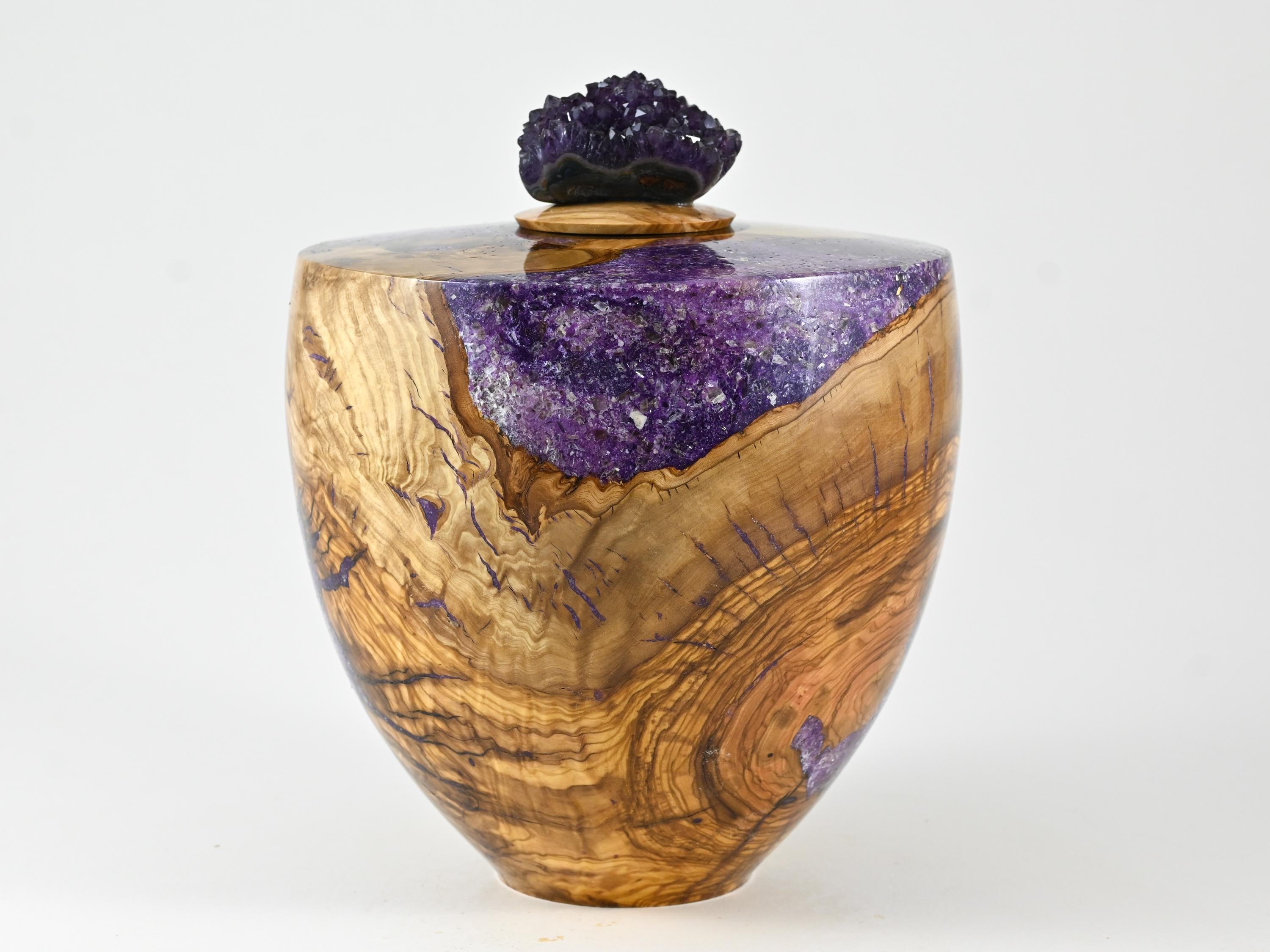 Handmade Olive Wood Urn, Purple Mineral Inlay, Amethyst Lid (210 c.i.)