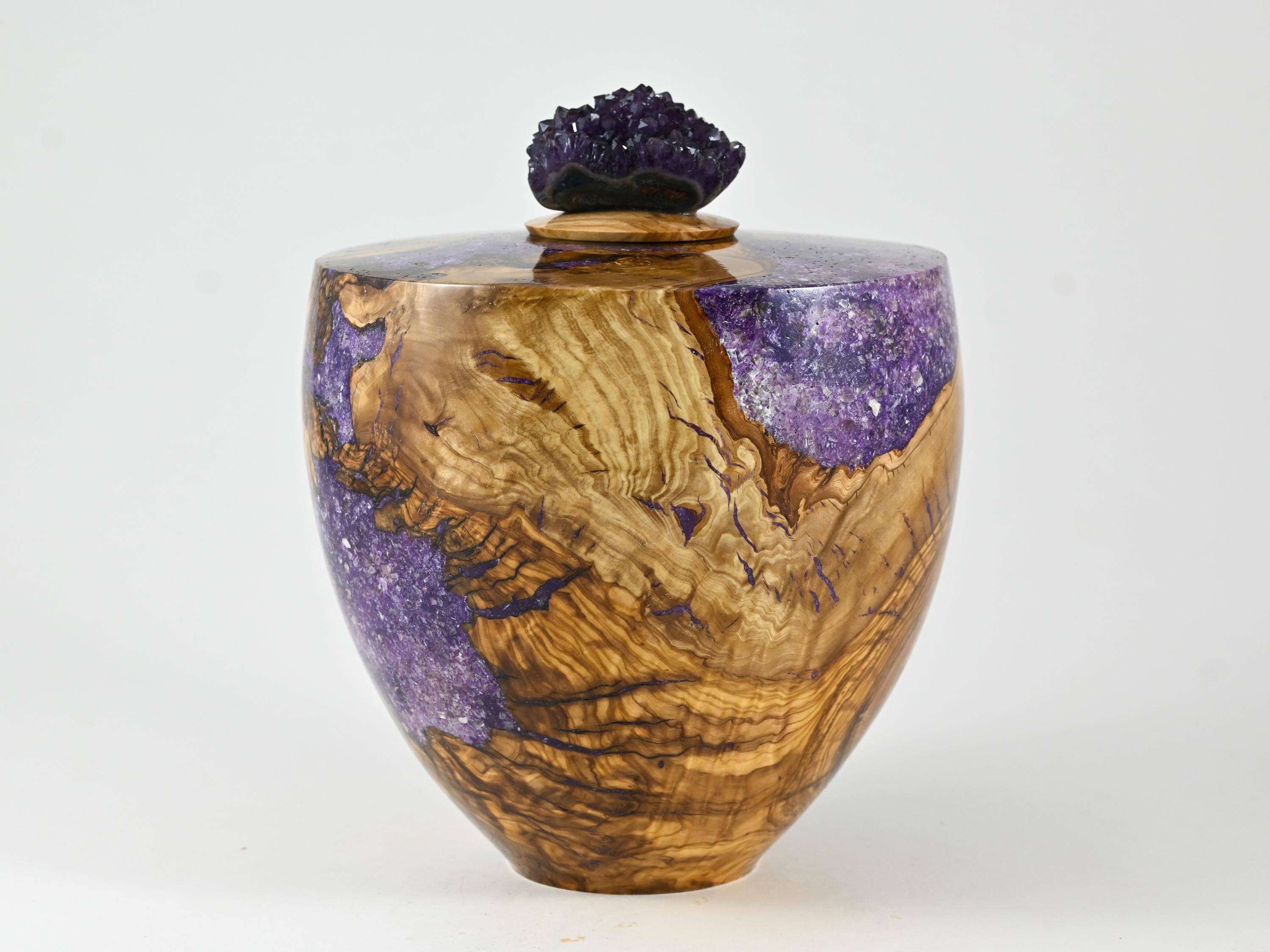 Handmade Olive Wood Urn, Purple Mineral Inlay, Amethyst Lid (210 c.i.)