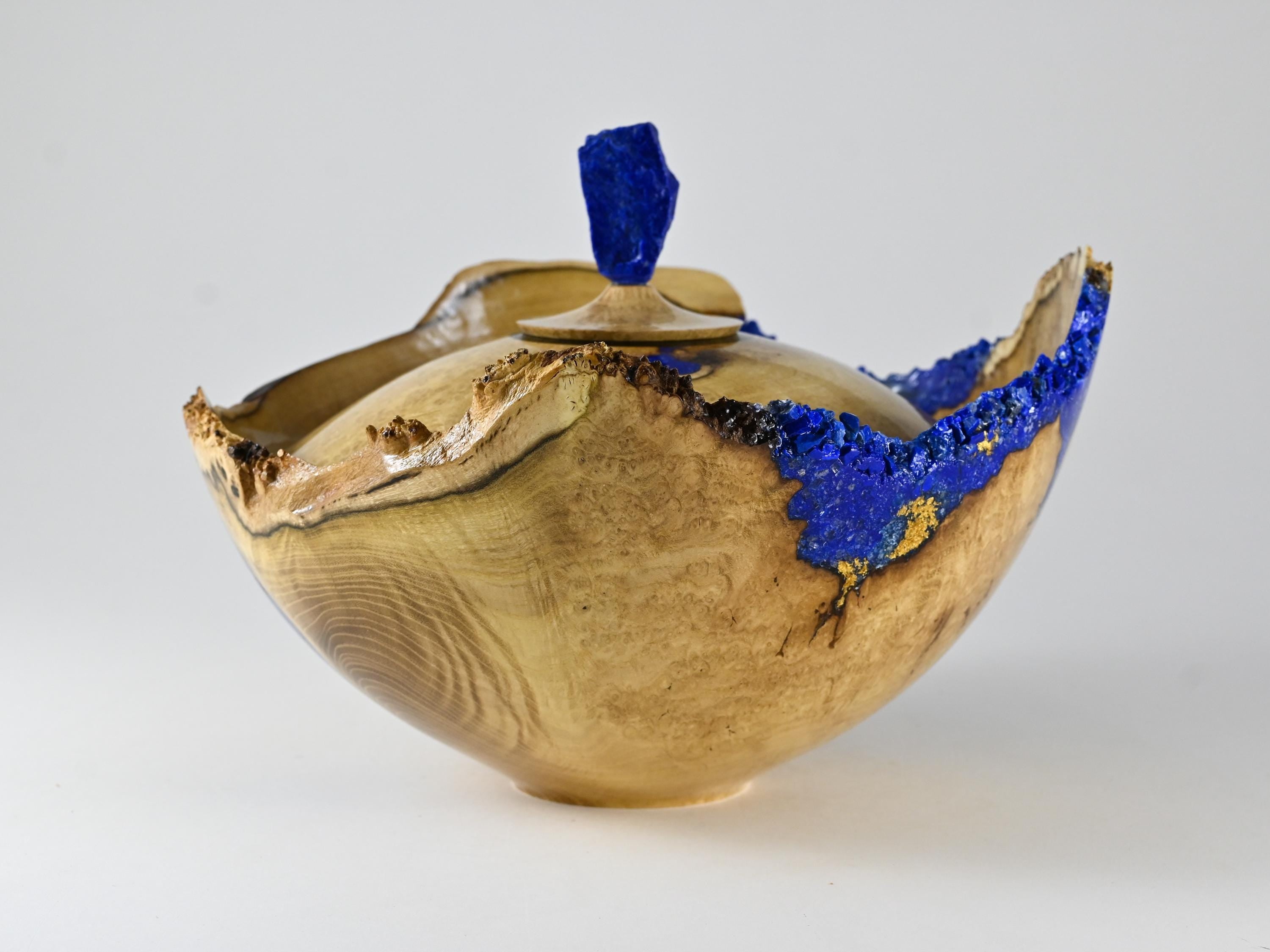 Handmade Black Locust Burl Urn: Lapis Lazuli lid, Blue Minerals & Gold Inlay (150 c.i.)