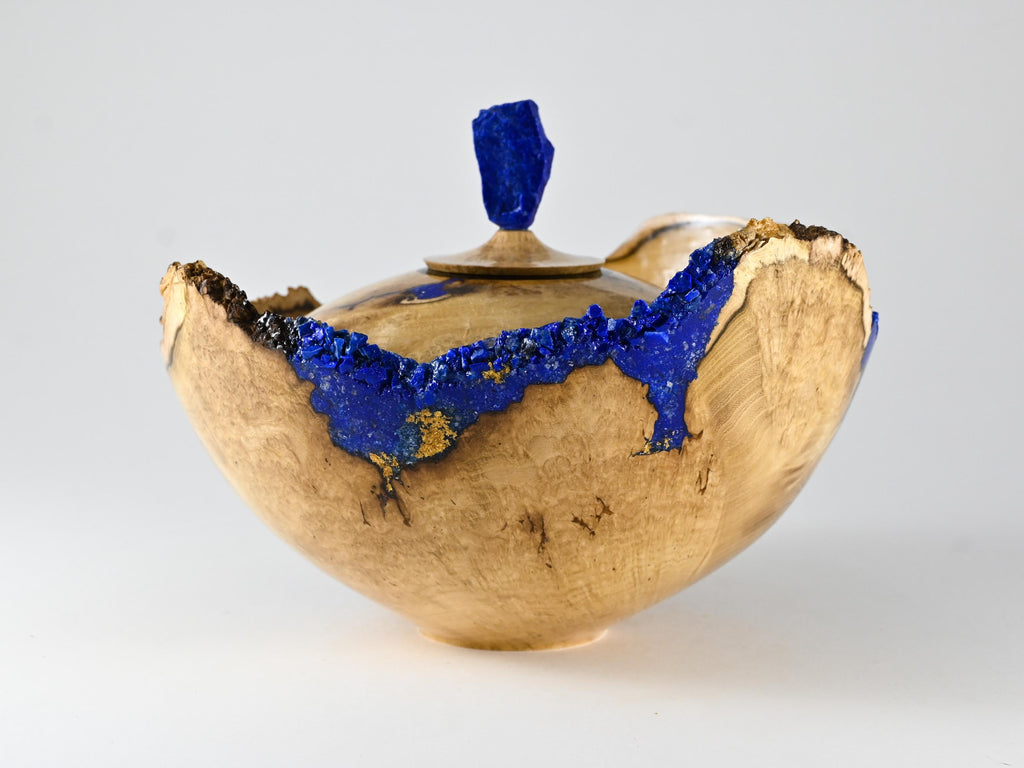 Handmade Black Locust Burl Urn: Lapis Lazuli lid, Blue Minerals & Gold Inlay (150 c.i.)