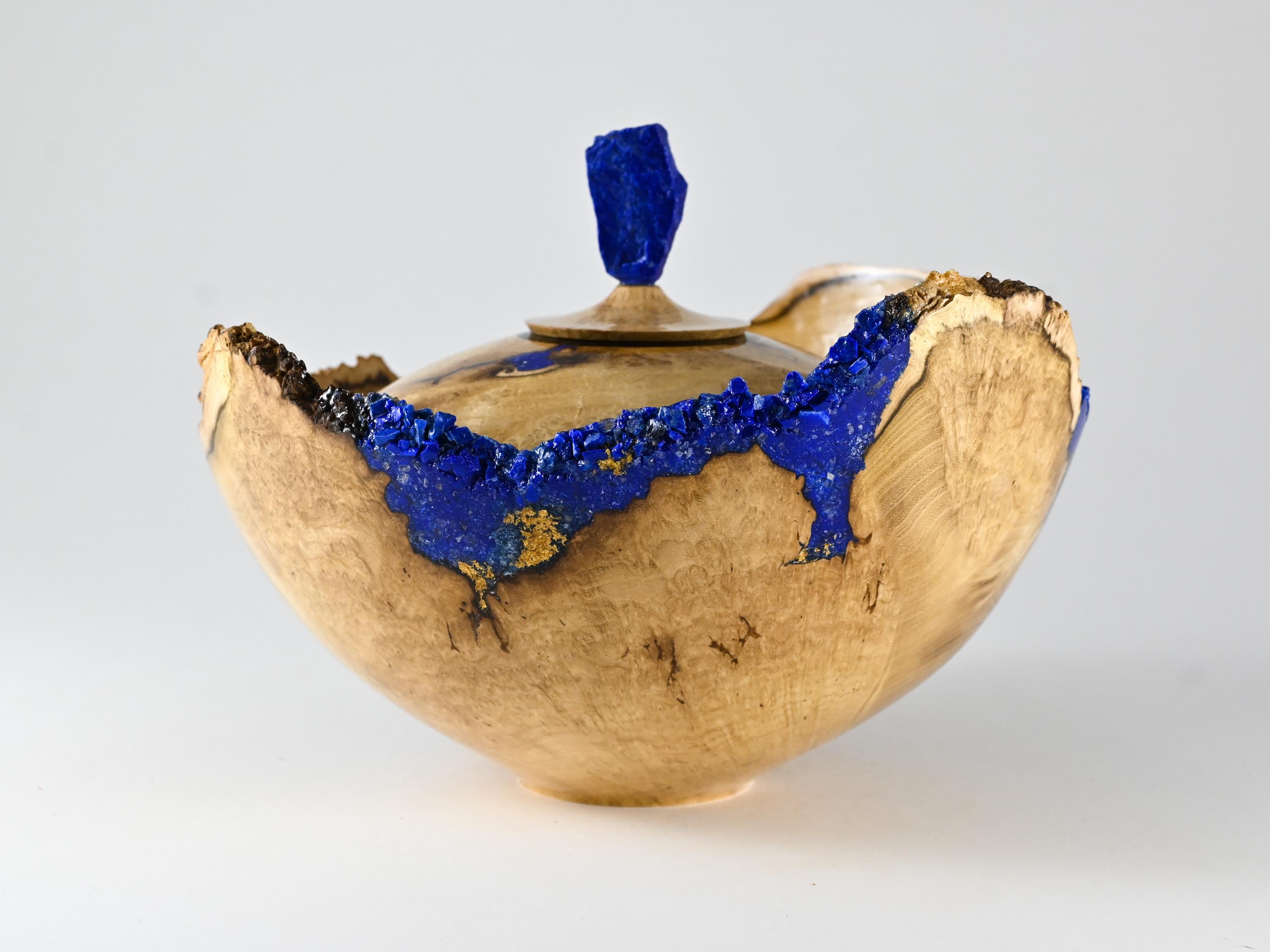 Handmade Black Locust Burl Urn: Lapis Lazuli lid, Blue Minerals & Gold Inlay (150 c.i.)