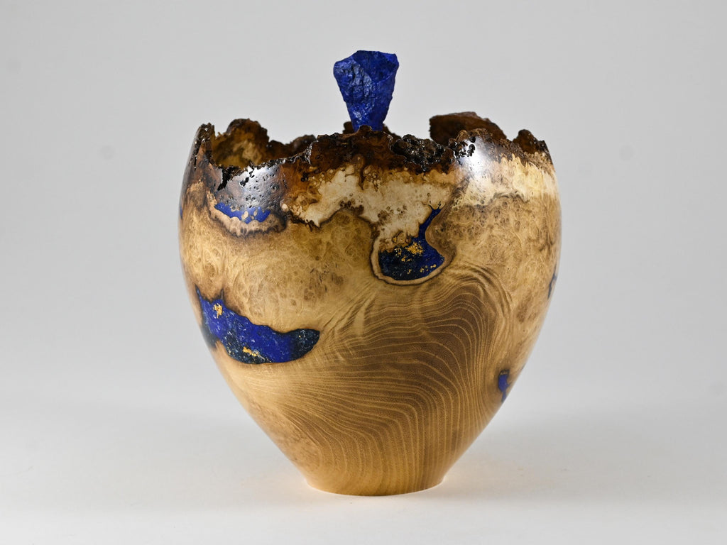 Handmade Black Locust Burl Urn: Lapis Lazuli lid, Blue Minerals & Gold Inlay (125 c.i.)