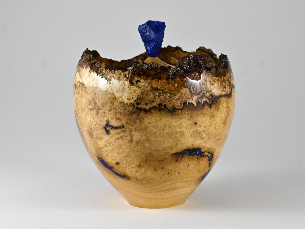 Handmade Black Locust Burl Urn: Lapis Lazuli lid, Blue Minerals & Gold Inlay (125 c.i.)