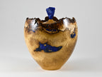 Handmade Black Locust Burl Urn: Lapis Lazuli lid, Blue Minerals & Gold Inlay (125 c.i.)
