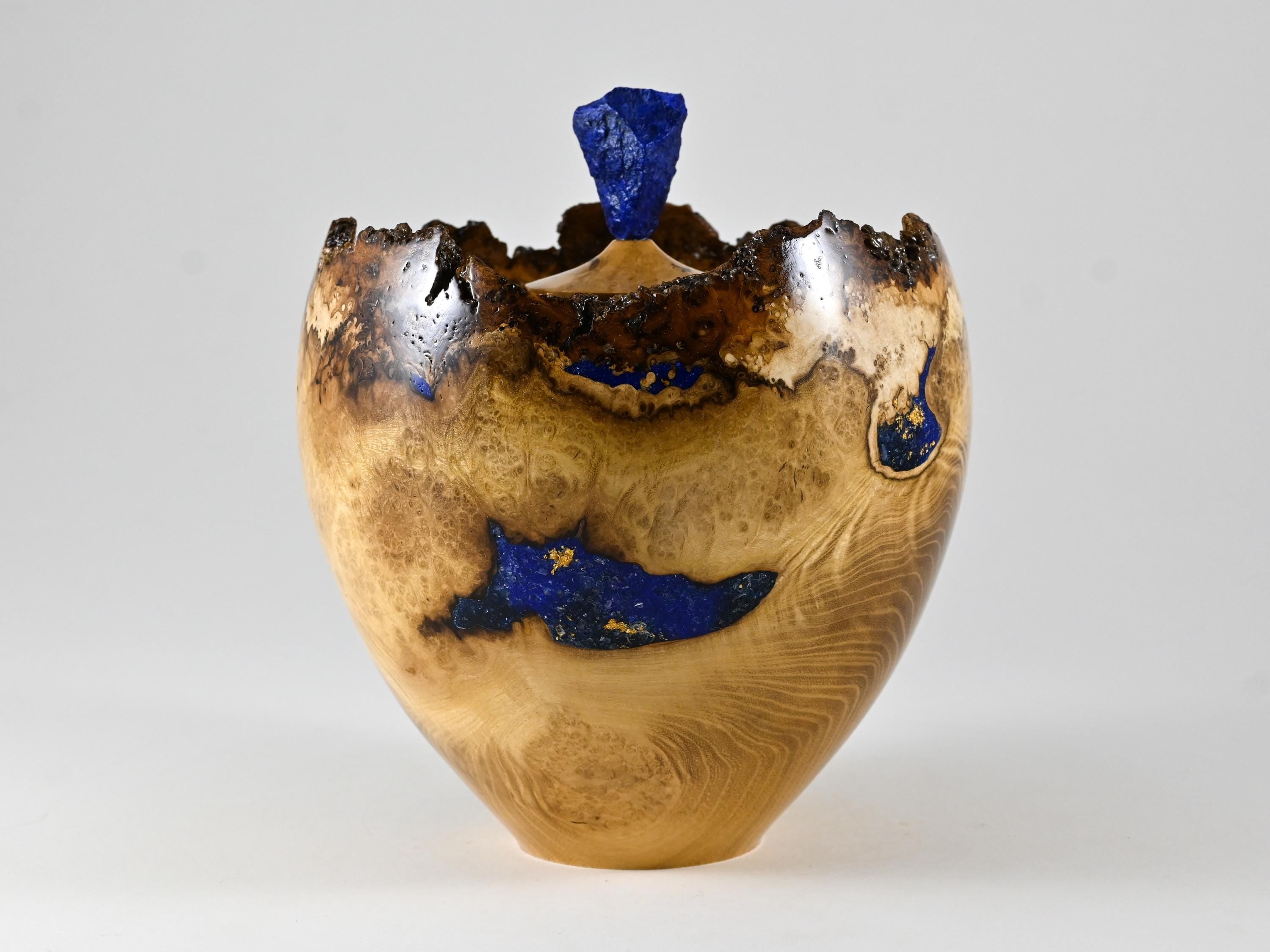 Handmade Black Locust Burl Urn: Lapis Lazuli lid, Blue Minerals & Gold Inlay (125 c.i.)