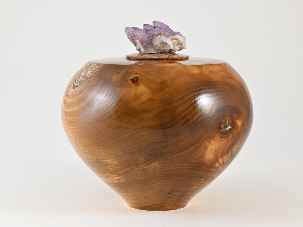 Handmade Dutch Elm Wood Urn with Cactus Amethyst Lid (140 c.i.)