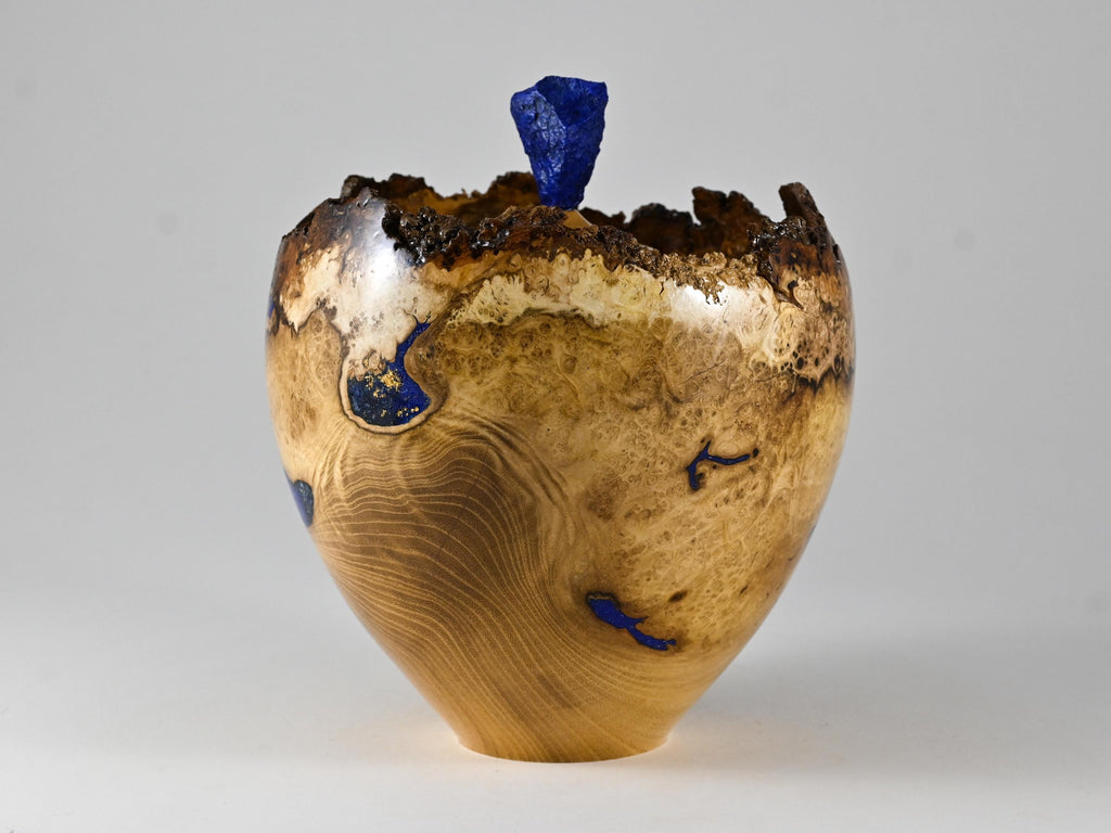 Handmade Black Locust Burl Urn: Lapis Lazuli lid, Blue Minerals & Gold Inlay (125 c.i.)