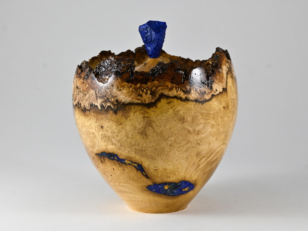Handmade Black Locust Burl Urn: Lapis Lazuli lid, Blue Minerals & Gold Inlay (125 c.i.)